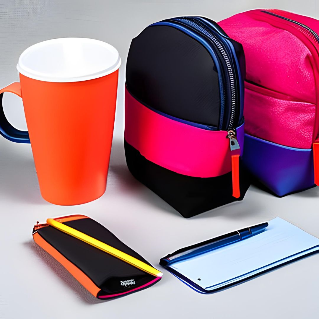 Orange Mug, Black/Pink Bag, Pink/Blue Bag, Yellow and Blue Pens
