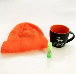 Orange Beanie, Black/Orange Cup, Green Branded Lip Balm