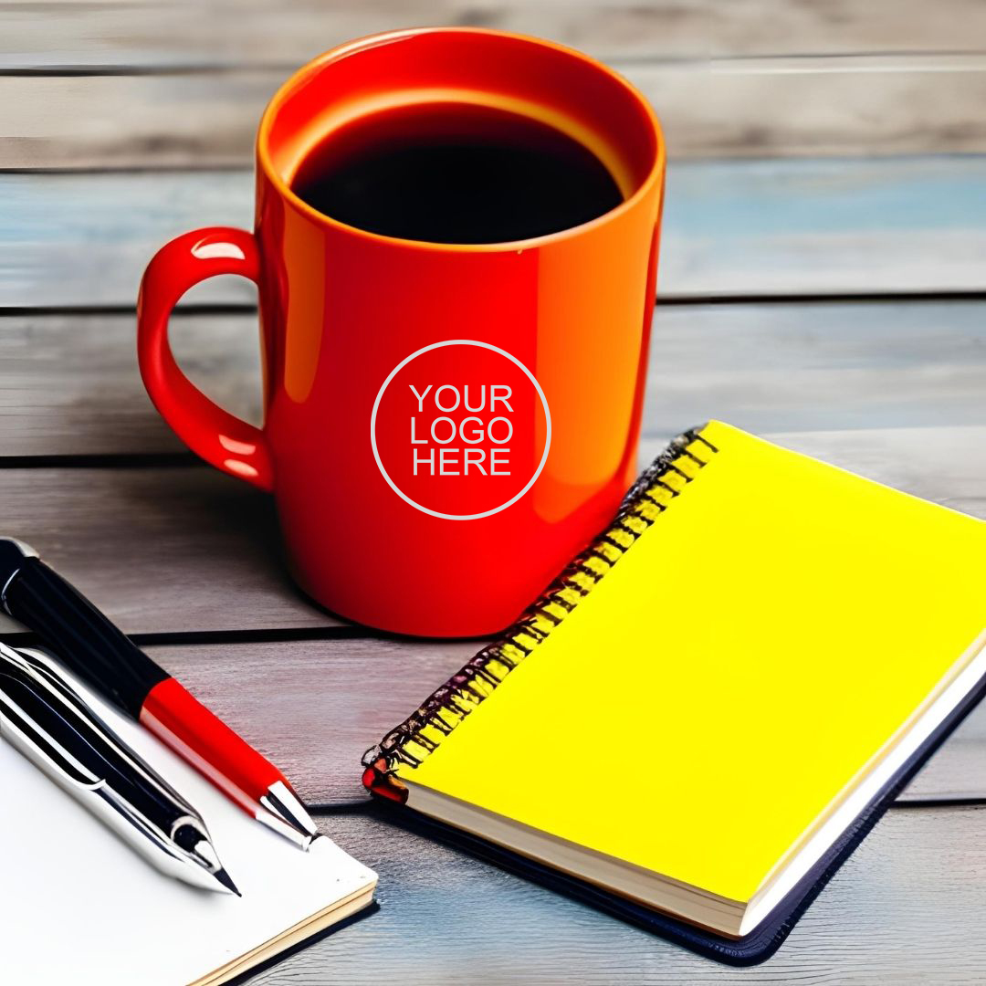 promotional red mug, yellow notebook and pens