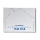 House-shaped promotional adhesive note pad with company logo.