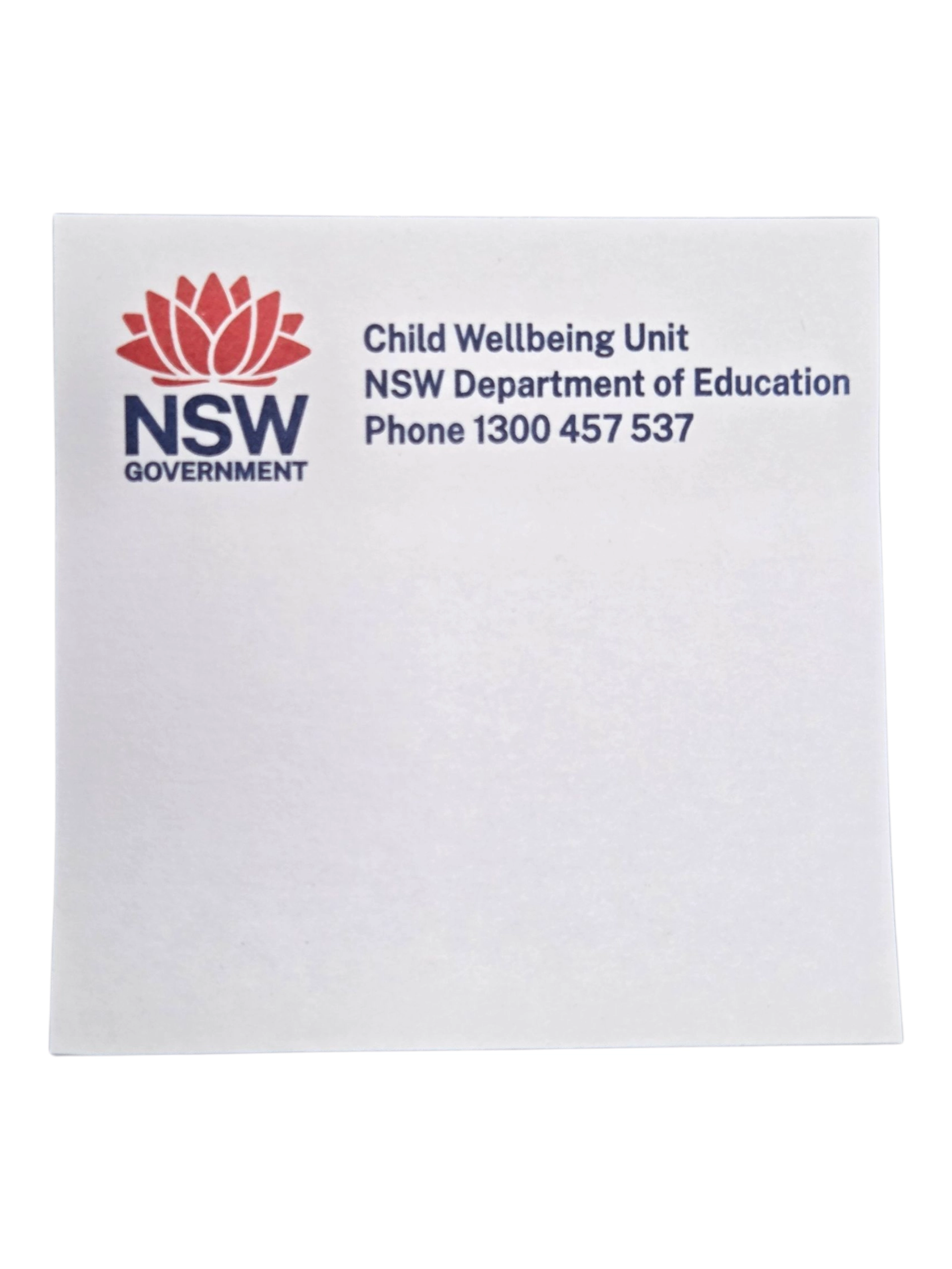 NSW Govt Child Wellbeing Unit info on Adhesive Note Pad 75mm x 75mm (1 Colour Print).