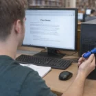 A person uses The Pill USBs at their desktop, loading class notes on the monitor.