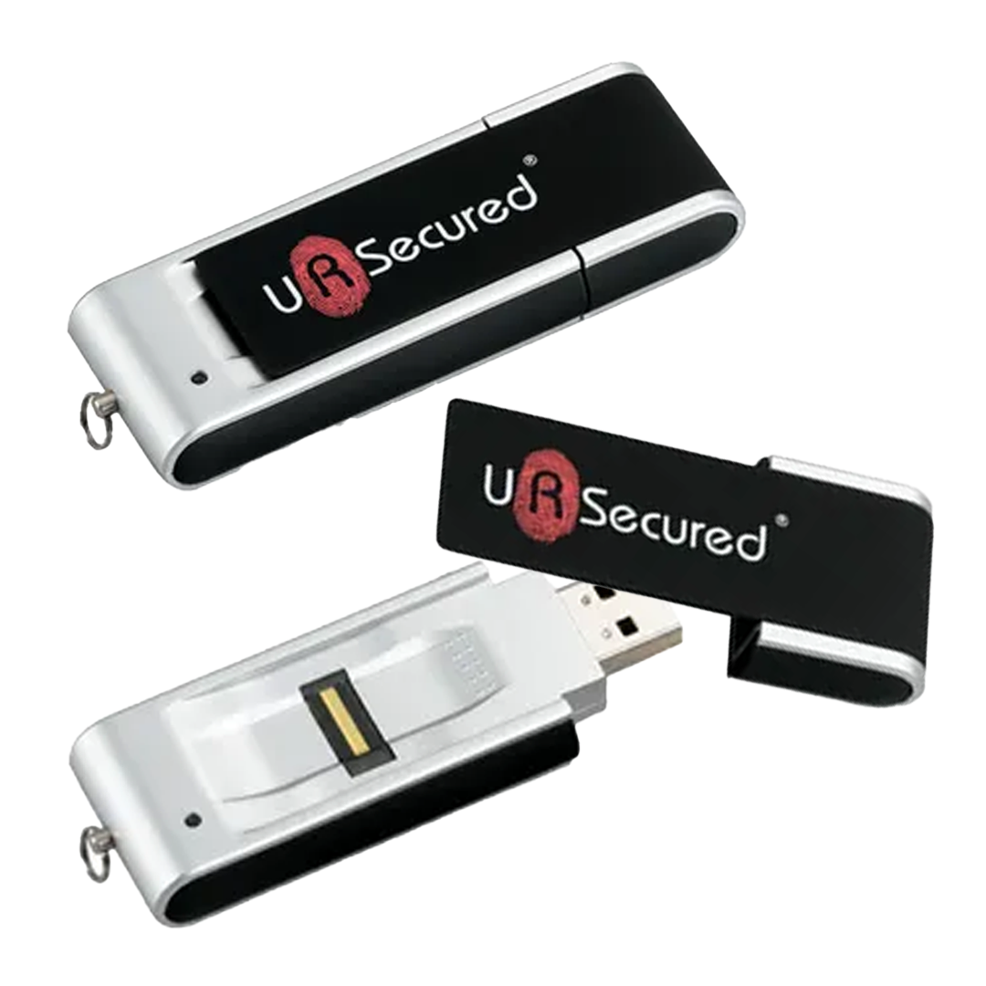 Two promotional Bio Disk Black & White USBs labeled with company logo