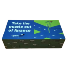 A rectangular display for the Fold Out Magic Square Cube features the text Take the puzzle out of finance and Option One. It mimics a Magic Cube with a blue and green theme, displaying a graphic of a road intersection with a street lamp.