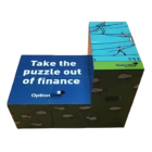 A blue and green Fold Out Magic Square Cube with Take the puzzle out of finance and Option One logo, showcases abstract line drawings of people on its top.