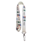 Full Colour Sublimation Lanyards feature a white base with a metal clasp and display logos and text in black, blue, and green.