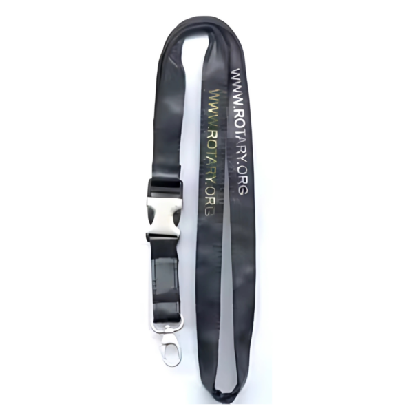 The Imitation Leather Lanyard is black with www.rotary.org in white and yellow, featuring a silver metal clip and a black plastic buckle.