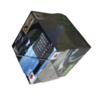 A distorted digital rendering of the Magic Folding Cube 6cm displays images of vehicles, calendars, and industrial equipment on different sides against a white background.