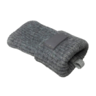 The Mocks Mobile Socks bottle cozy, in gray knit, includes a short loop handle and a gray patch, with a soft and insulating texture. It lays flat on a white background.
