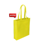 A vibrant yellow Non Woven Bag Large 36x41x10cm with long handles is displayed on a white background. Ideal for various needs, a red speech bubble beside it reads great deal.