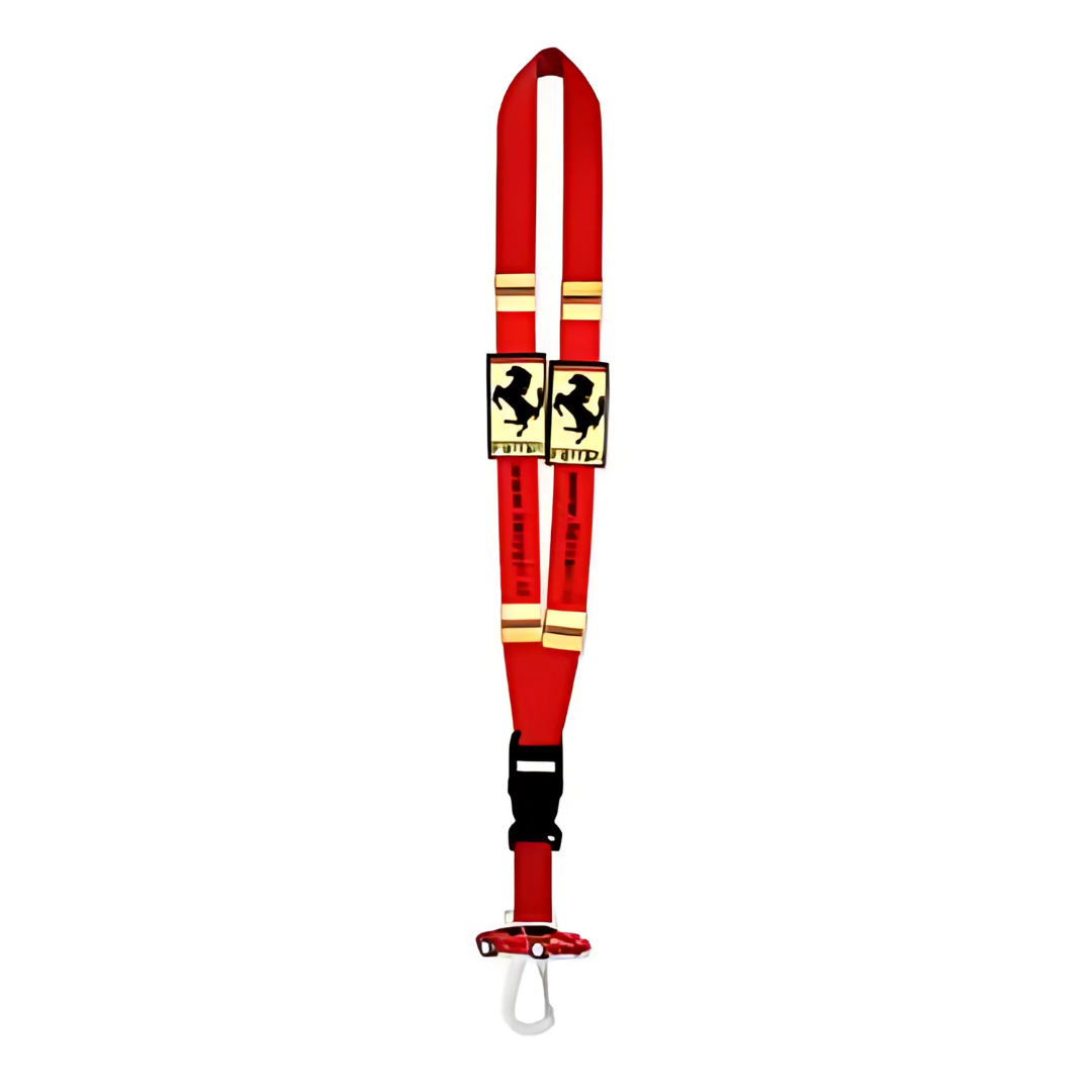This striking Printed Nylon/PVC Lanyard showcases a red Ferrari logo, with a quick-release buckle and robust metal clasp hook. Ideal for fans, it seamlessly blends style and practicality.