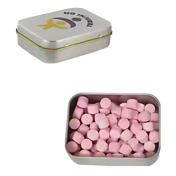 Promotional pink pepper mint in silver tin with company logo