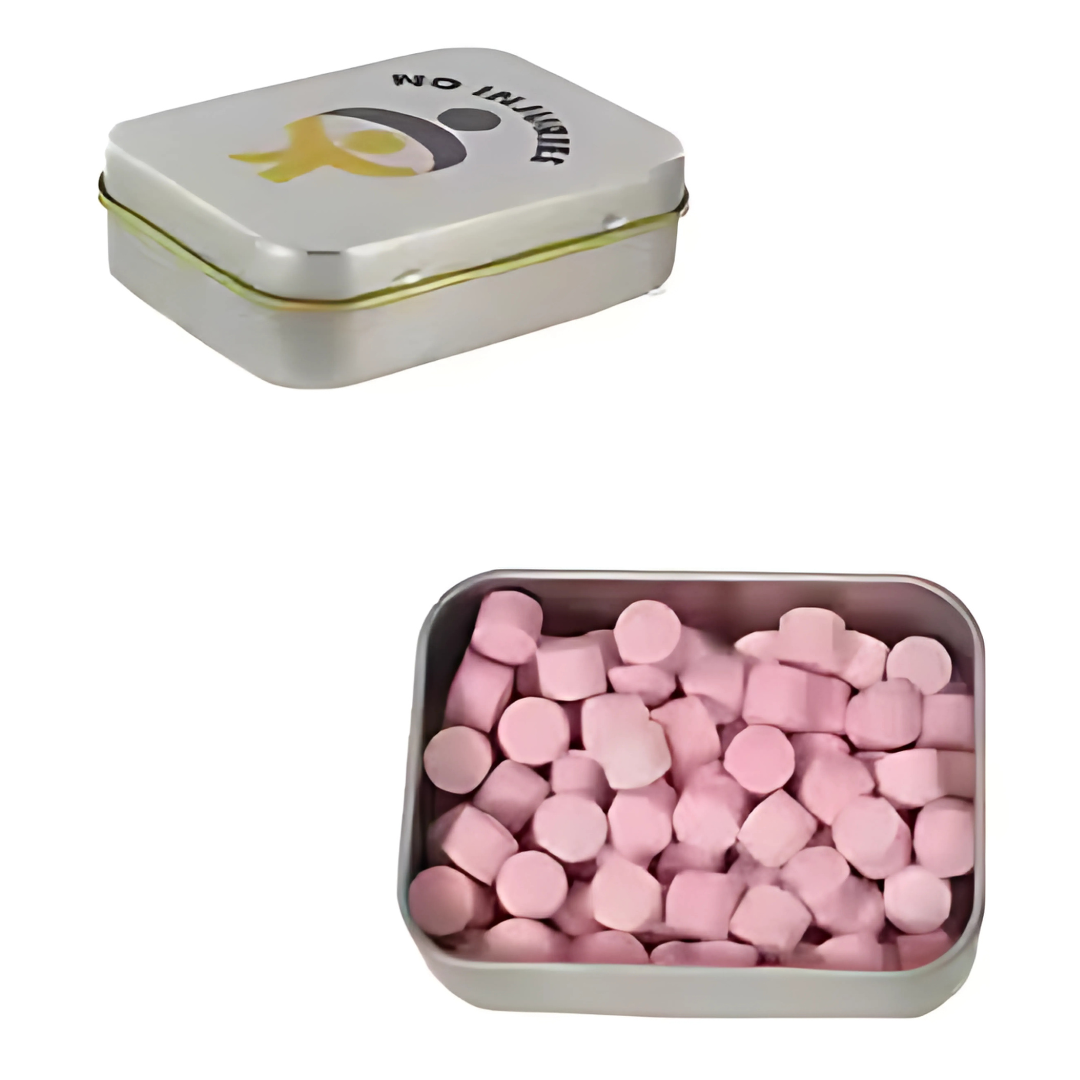 Promotional pink pepper mint in silver tin with company logo