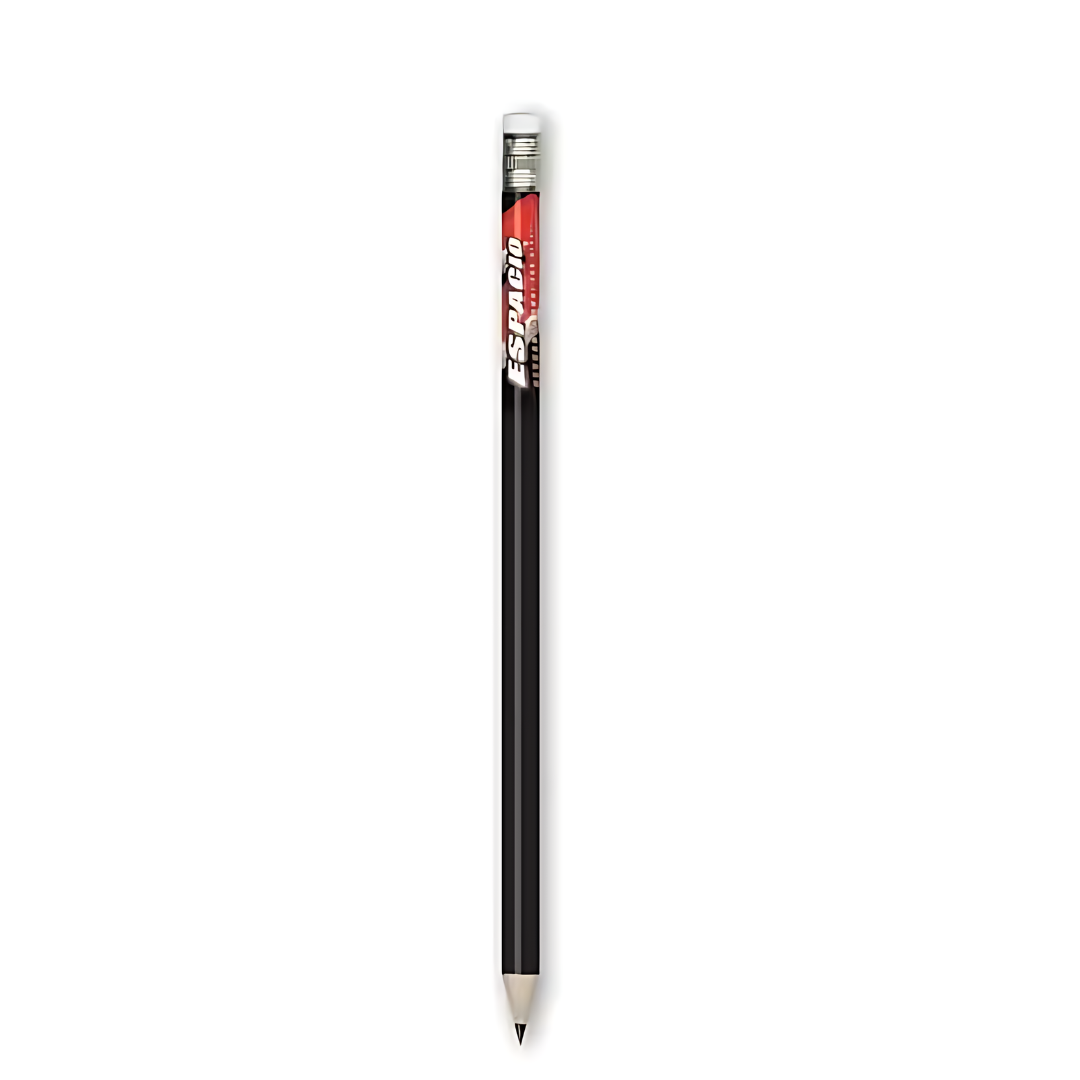 A BIC Digital Pencil is displayed vertically against a white background, featuring a sleek black body, a silver eraser holder, and sharp tip, with a red and white label wrapping its upper portion, reminiscent of the iconic design.
