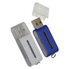 Two Mr. Smart USB flash drives are side by side. The left is white with the cap on, and the right is blue with the cap off, exposing the USB connector. Both feature a slim design and keychain loops.