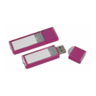 Two The Filing Key USB flash drives in pink, one with the cap on and the other with it off, revealing the connector. Each has a white label for easy filing. The removed cap sits beside the open drive like a waiting key.