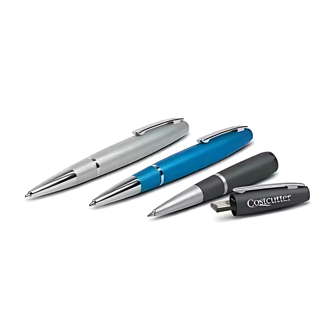 Three USB Pen 2 drives with caps off display their USB connectors. They come in silver, blue, and black with shiny chrome accents. The black version features Costcutter on its side.