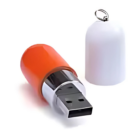 The Pill Shaped Promotional USB Sticks feature a red bottom half and a silver connector. With the white cap removed and placed next to it, the design makes for an eye-catching promotional item.