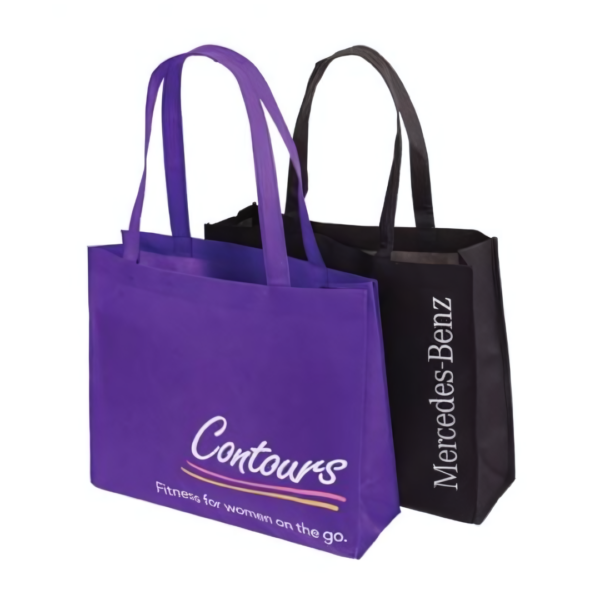 A small, purple boutique bag featuring Contours and Fitness for women on the go stands beside a black Mercedes-Benz bag printed in white. Both bags measure 32x40x12cm and have handles.