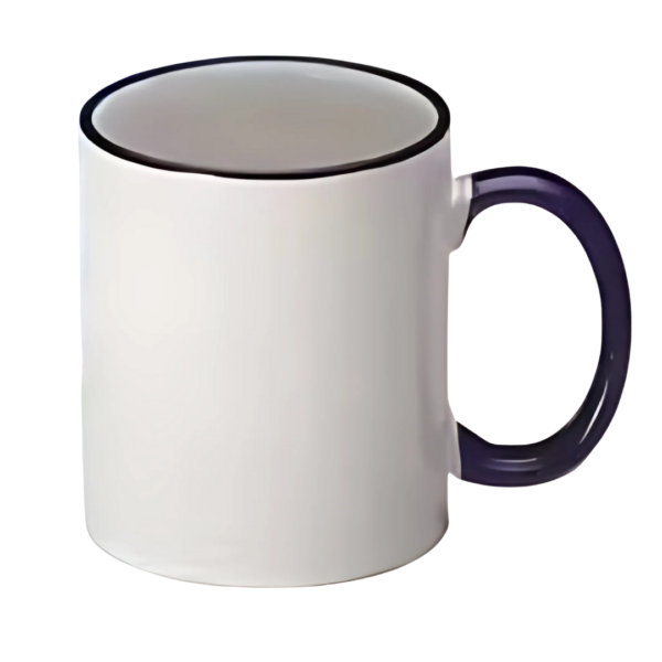 A classic white ceramic Coffee Mug with logo Halo can features a black rim and blue handle, evoking a subtle halo, elegantly isolated against a white background.