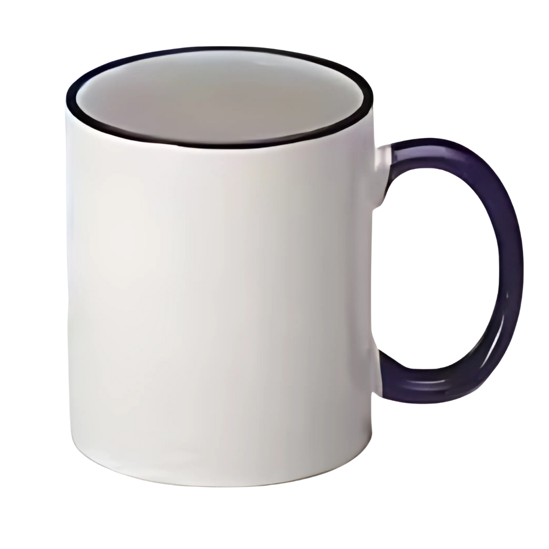 A classic white ceramic Coffee Mug with logo Halo can features a black rim and blue handle, evoking a subtle halo, elegantly isolated against a white background.