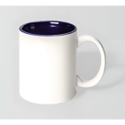 The Corporate Mugs toucan boasts a sleek white ceramic exterior paired with a dark blue interior, echoing a toucans striking colors. Its minimalist design and smooth handle provide contrast against the plain gray backdrop.