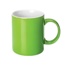 The Corporate Mugs toucan features a vibrant green ceramic exterior with a glossy finish and showcases a simple cylindrical shape and sturdy handle. The white interior contrasts elegantly, adding to its charm against the backdrop of its exclusive collection.