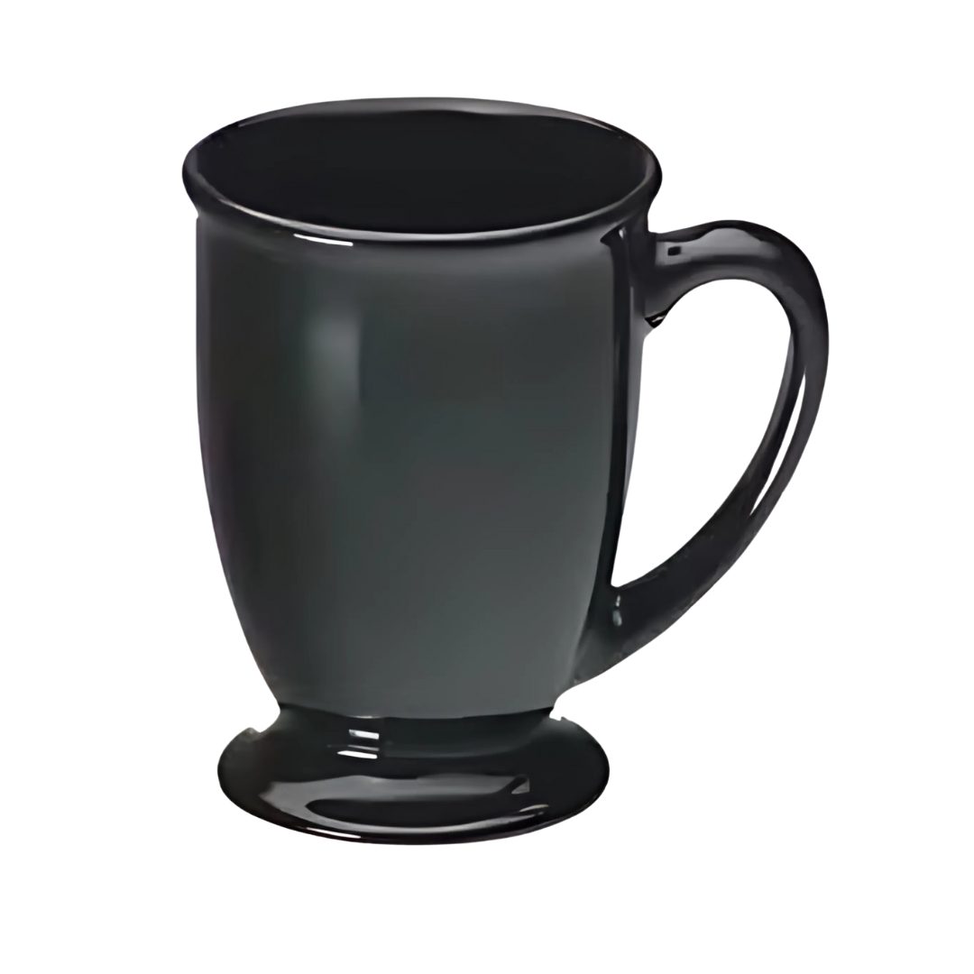 The Custom Branded Mugs Paris features a black ceramic mug with a glossy finish, wide base, rounded body, and large handle on the right. Its chic elegance is reminiscent of a Paris café, perfect for showcasing your unique style against a white background.