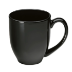 The Custom Printed Manhattan Mug is a black ceramic mug with a glossy finish, set against a white background. It features printed designs, a curved handle, and a smooth body, ideal for hot beverages like coffee or tea.
