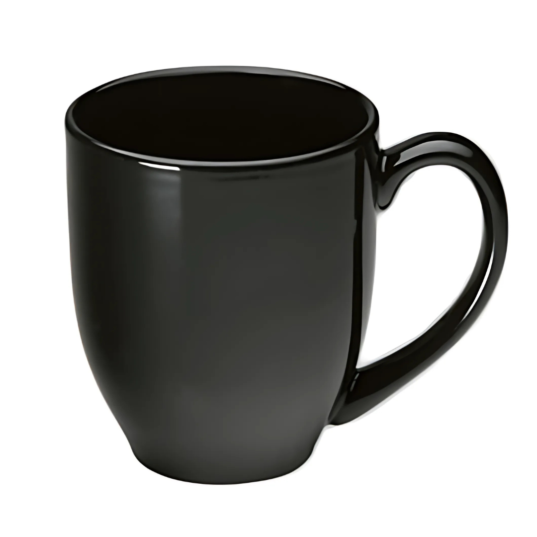 The Custom Printed Manhattan Mug is a black ceramic mug with a glossy finish, set against a white background. It features printed designs, a curved handle, and a smooth body, ideal for hot beverages like coffee or tea.