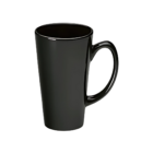 The Custom Printed Mug Fuji is a tall, glossy black ceramic mug with a large handle and a simple, modern design. Its slightly tapered shape exudes elegance against a plain white background.