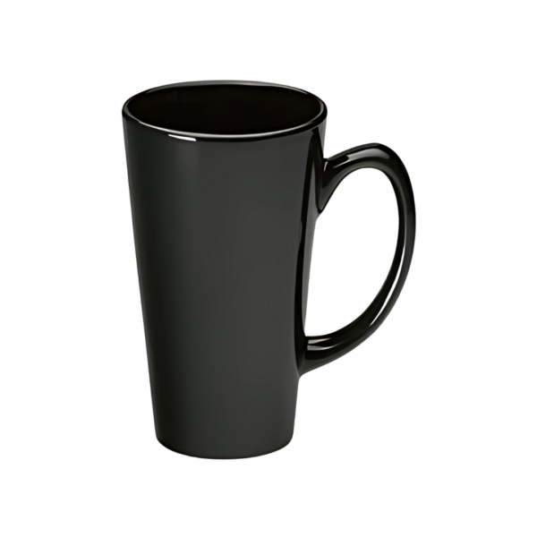 The Custom Printed Mug Fuji is a tall, glossy black ceramic mug with a large handle and a simple, modern design. Its slightly tapered shape exudes elegance against a plain white background.