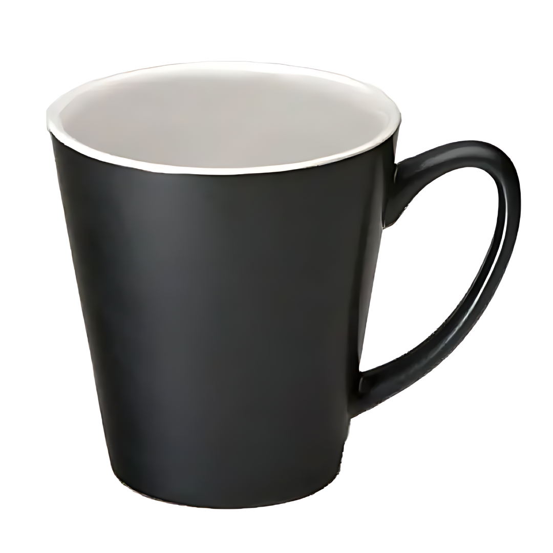The Customised Latte Mug (Black) has a sleek black exterior with a white interior and curved handle, tilted right for a modern, simple design. Ideal for morning brews or personalized mug gifts.