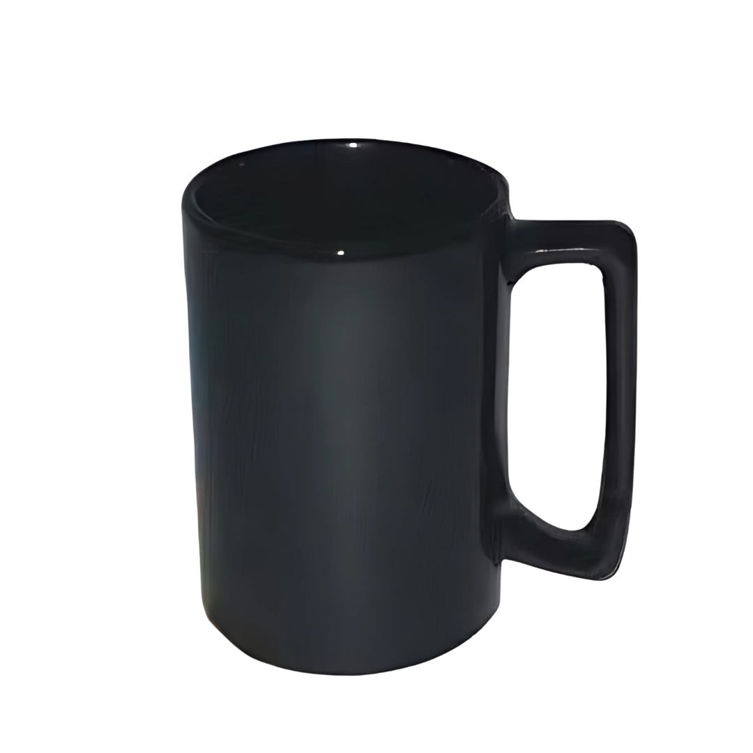 The Extra Big Customised Mug (black), with a glossy finish and sturdy handle, is elegantly isolated on a white background.