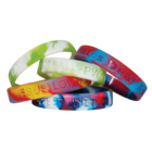 Multi-Coloured Debossed Silicone Wristbands stacked together.