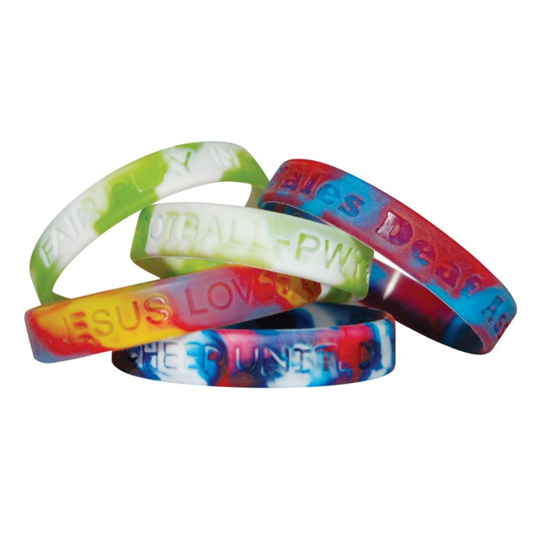 Multi-Coloured Debossed Silicone Wristbands stacked together.