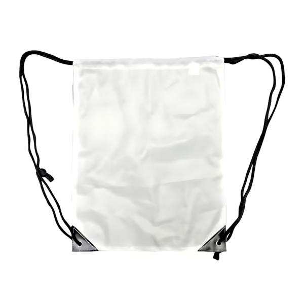 A slightly crumpled, blank transparent Non Woven Backpack 39x49cm with black strings and reinforced black fabric corners is set against a white background.