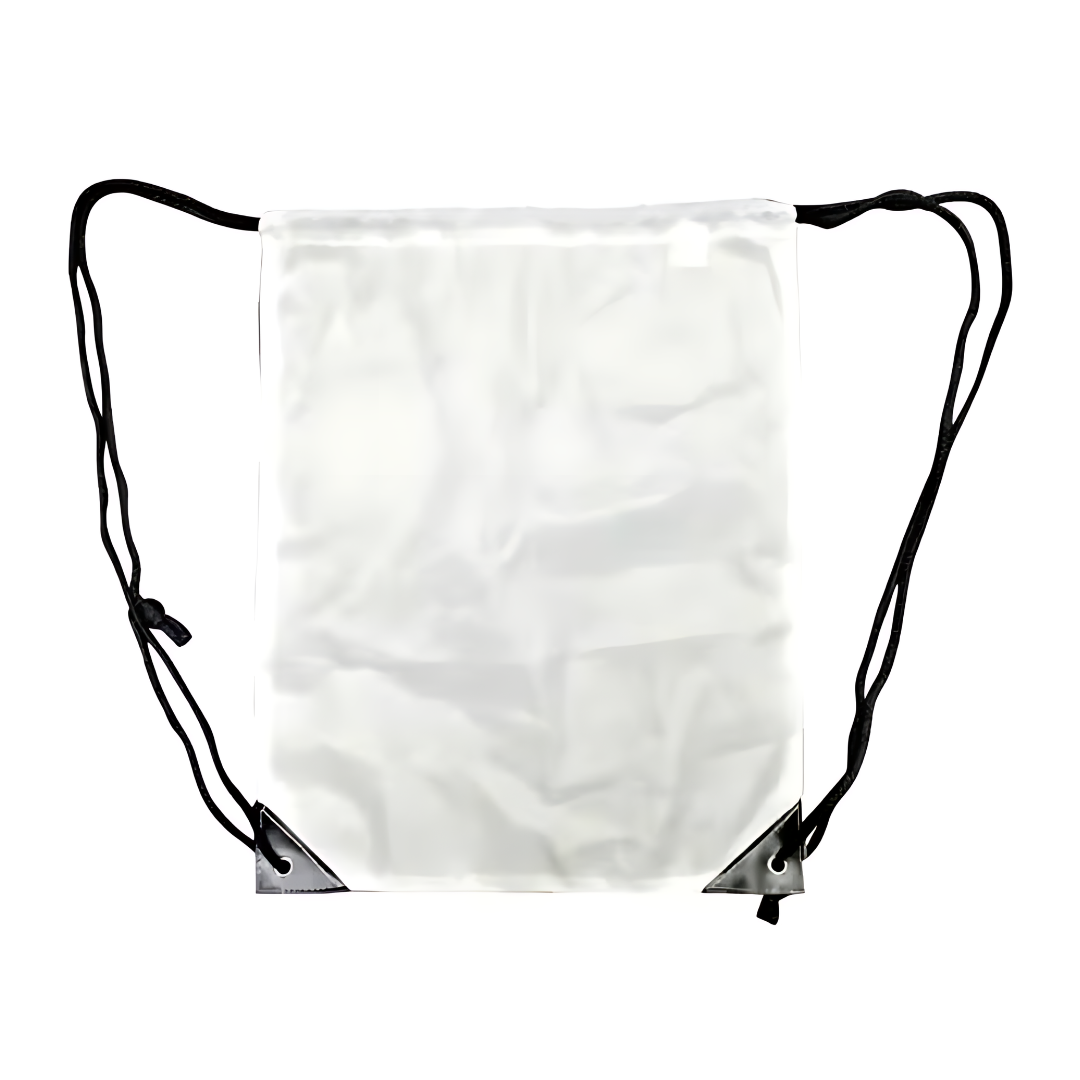 A slightly crumpled, blank transparent Non Woven Backpack 39x49cm with black strings and reinforced black fabric corners is set against a white background.
