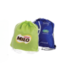 Two 39x49cm Non Woven Backpacks are featured: one green with a Nestlé Milo logo, and a blue version adorned with various logos like Land Rover and J.P. Morgan, all set against a clean white background.