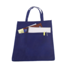 The Non Woven Conference Bag (32x40x12cm) in blue has two handles and a front pocket containing a spiral notebook, folder, brown book, small yellow card, with a pen clipped to the folder.