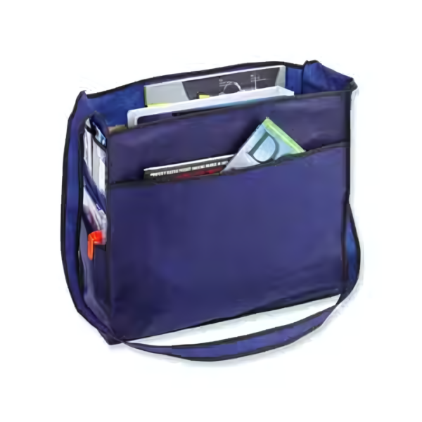 A blue Non Woven Shoulder Bag filled with assorted books and documents.