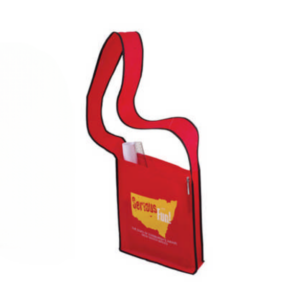 Red sling bag with yellow text, curved strap, size: 30x37x9cm.
