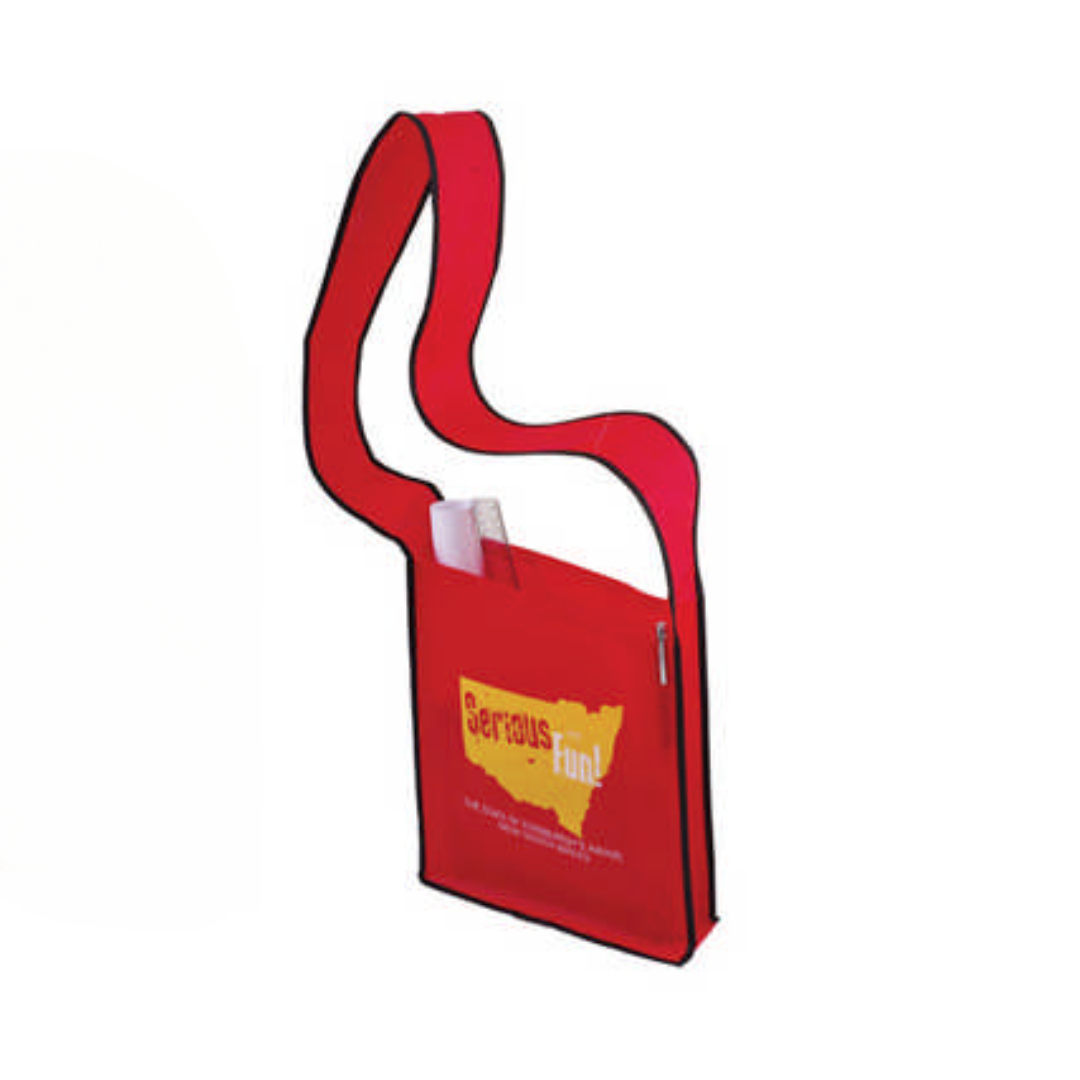 Red sling bag with yellow text, curved strap, size: 30x37x9cm.