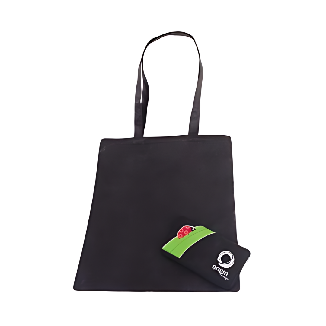 The Non Woven Zipped Bag, measuring 38 x 42 cm in black, features a small pouch with a partial green stripe and red fruit pattern with an orion logo.