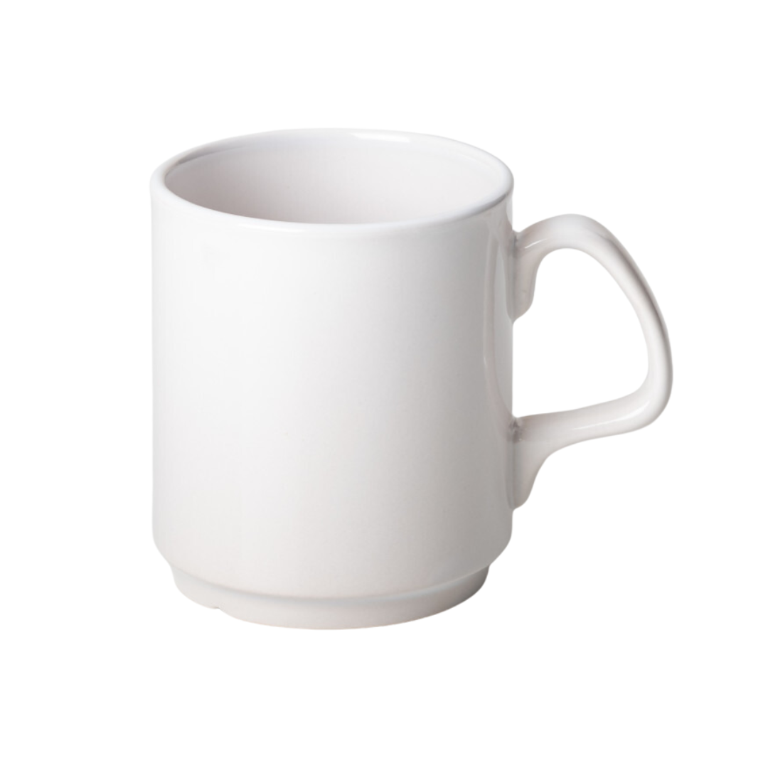 The Personalised Coffee Mug Flare is a simple white ceramic mug with a C-shaped handle against a plain white background, ideal for personalization. Its minimalist design enhances any setting, adding subtle flair to your morning routine.