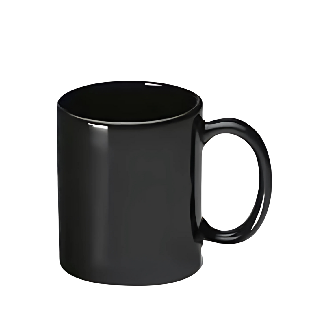 Promotional Coloured Can Mug in plain black with a handle, displayed on a white background.