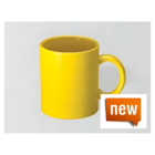 A Promotional Coloured Can Mug in bright yellow with a smooth surface is shown against a light gray backdrop. In the bottom right corner, an orange label reads new in white text, spotlighting this vibrant addition to any collection.