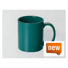 The Promotional Coloured Can Mugs feature a dark green glossy finish, showcased against a plain background with an orange speech bubble sticker stating new, emphasizing its promotional appeal.