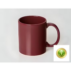 A plain maroon mug from the Promotional Coloured Can Mugs set is placed on a white background beside a small circular green badge with a gold rim and the number 1.