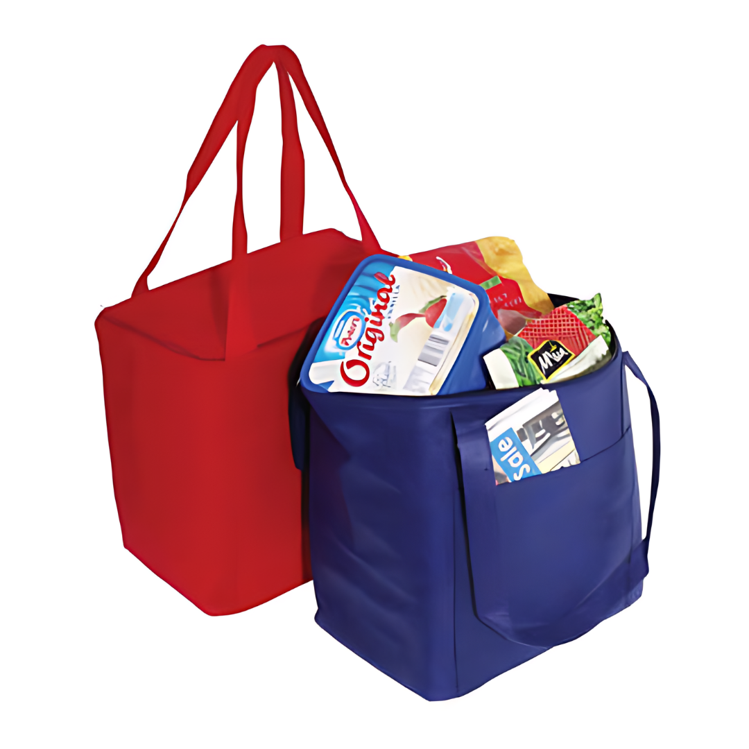 Two Reusable Non Woven Cooler Bags (one red, one blue), filled with various groceries.